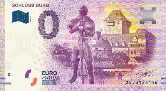 Gehen weg wie geschnitten Brot: Die 0-Euro-Scheine als Souvenir mit dem Motiv von Schloss Burg. (Foto: © Schloss Burg)