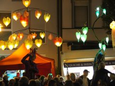 Wald leuchtet! Mystische Gestalten auf Stelzen, mal Flamme, mal Wald, drehen ihre Runden über den Walder Kirchplatz. (Foto: B. Glumm)