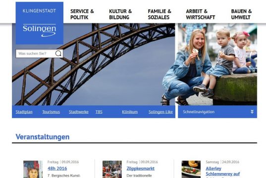 Aufgeräumt und modern präsentiert sich die komplett überarbeitete Webpräsenz der Stadt Solingen. (Screenshot: www.solingen.de)