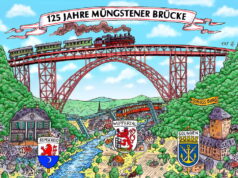 Anlässlich des 125. Geburtstags der Müngstener Brücke hat Jacques Tilly, Künstler aus Düsseldorf, dieses Motiv gestaltet. (Bild: © Förderverein „Welterbe Müngstener Brücke“)