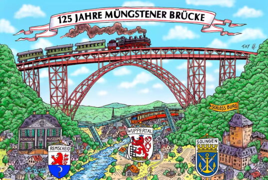 Anlässlich des 125. Geburtstags der Müngstener Brücke hat Jacques Tilly, Künstler aus Düsseldorf, dieses Motiv gestaltet. (Bild: © Förderverein „Welterbe Müngstener Brücke“)
