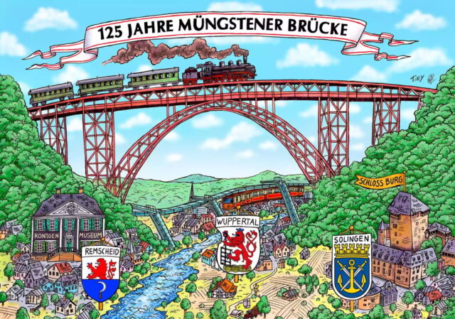 Anlässlich des 125. Geburtstags der Müngstener Brücke hat Jacques Tilly, Künstler aus Düsseldorf, dieses Motiv gestaltet. (Bild: © Förderverein „Welterbe Müngstener Brücke“)