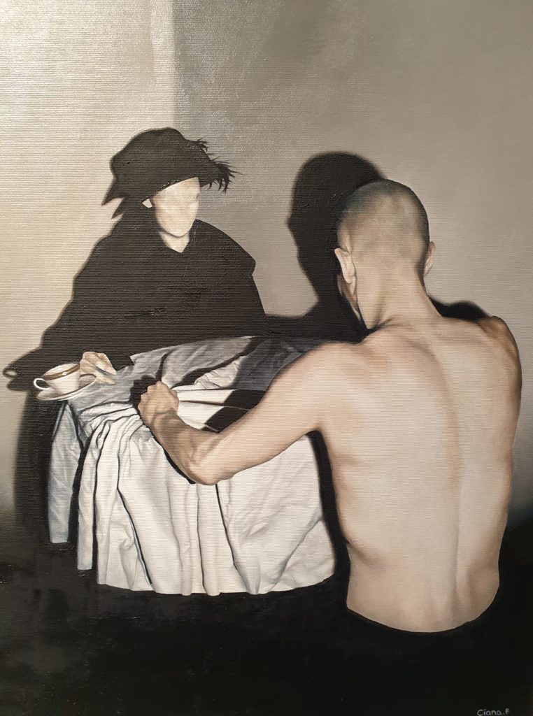 Dieses 60 x 50 cm große Gemälde der Künstlerin Ciana Fitzgerald, in Öl auf Leinwand gehalten, trägt den Titel „Im Widerspruch“. (Foto: © Veranstalter)