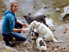 Die studierte Biologin Bettina Siller (39) hat sich mit ihrem Waldkindergarten einen Traum erfüllt. Täglich dreht sie ihre Runden mit kleinen Hundegruppen. Hier ist sie mit der schwarzen Jarla, der Terriermix-Dame Lafite und dem Energiepaket Kalle unterwegs. (Foto: © Martina Hörle)