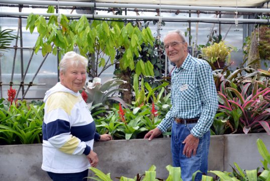 Dr. Hans-Werner Hammen und seine Frau Margarete führen die Besucher durch das Bromelienhaus. Dabei erzählen sie viel Wissenswertes und geben Tipps zu Pflege und Haltung. (Foto: © Martina Hörle)