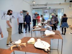 Die Besucher der Galerie Kirschey sind begeistert von Berthold Welters Steinobjekten. Der Künstler muss eine Vielzahl von Fragen beantworten. (Foto: © Martina Hörle)