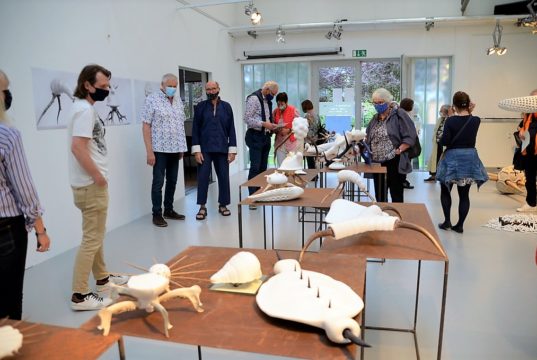 Die Besucher der Galerie Kirschey sind begeistert von Berthold Welters Steinobjekten. Der Künstler muss eine Vielzahl von Fragen beantworten. (Foto: © Martina Hörle)