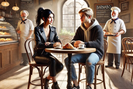 Lucia und ihr Schüler Leo lernen sich im Café besser kennen. "Engelsklinge" wurde von der ukrainischen Autorin Svitlana Glumm verfasst. (Bild: Open AI)