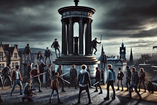 Auf dem Calton Hill in Edinburgh treffen Engel und Dämonen aufeinander. Kommt es zum Kampf? "Engelsklinge" wurde von der ukrainischen Autorin Svitlana Glumm verfasst. (Bild: Open AI)