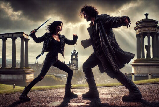 Lucia kämpft gegen Giovanni auf dem Calton Hill. "Engelsklinge" wurde von der ukrainischen Autorin Svitlana Glumm verfasst. (Bild: Open AI)