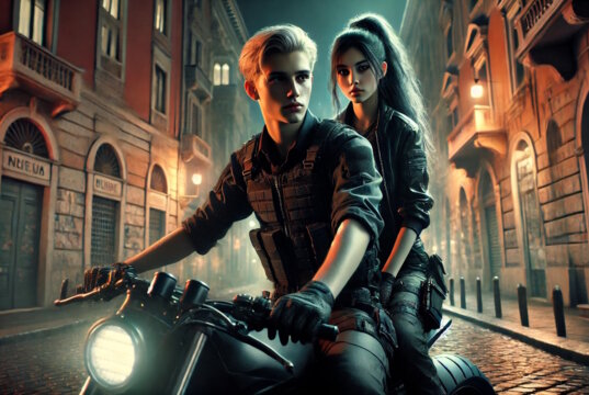 Lucia und Leo sind auf ihrem Motorrad unterwegs in Mailand. "Engelsklinge" wurde von der ukrainischen Autorin Svitlana Glumm verfasst. (Bild: Open AI)
