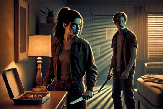 Lucia und Leo verstecken sich in einem Motel in Mailand. "Engelsklinge" wurde von der ukrainischen Autorin Svitlana Glumm verfasst. (Bild: Open AI)