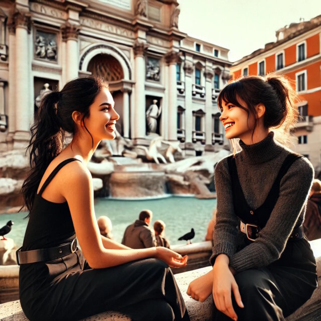 Lucia und ihre Freundin Isabella plaudern am Trevi-Brunnen in Rom. 