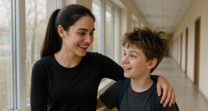 Lucia spricht mit Denis. "Engelsklinge" wurde von der ukrainischen Autorin Svitlana Glumm verfasst. (Bild: Open AI)
