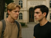 Adrian und Richard vor der Universität in Warschau. "Engelsklinge" wurde von der ukrainischen Autorin Svitlana Glumm verfasst. (Bild: Open AI)