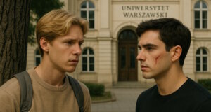 Adrian und Richard vor der Universität in Warschau. "Engelsklinge" wurde von der ukrainischen Autorin Svitlana Glumm verfasst. (Bild: Open AI)