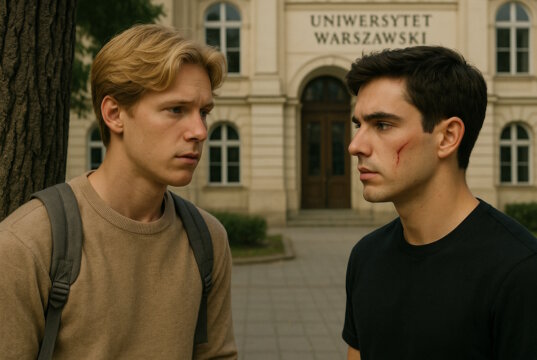 Adrian und Richard vor der Universität in Warschau. "Engelsklinge" wurde von der ukrainischen Autorin Svitlana Glumm verfasst. (Bild: Open AI)