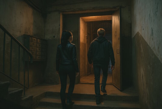 Lucia und Leo betreten das ungastliche Haus der drei Wächter. "Engelsklinge" wurde von der ukrainischen Autorin Svitlana Glumm verfasst. (Bild: Open AI)