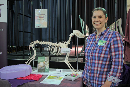 Bei der Hundemesse in der Cobra gab es Infos, Zubehör und Futter rund um den Hund, über einen gesunden Bewegungsapparat informierte Pia Fahlbusch, die in ihrer Praxis Physiotherapie und Osteopathie für Hunde anbietet. (Foto © Sandra Grünwald)