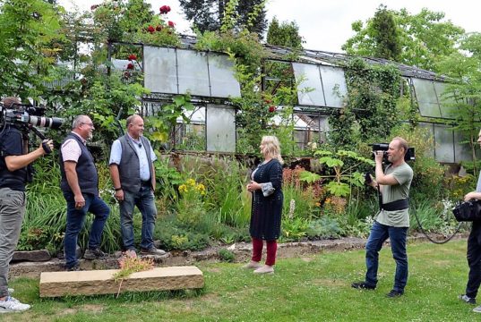 Das Team des MDR war zu umfangreichen Aufnahmen für die Sendung MDR Garten im Garten Ulbrich am Bertramsmühler Weg. Die Mitarbeiter waren von der Grünanlage begeistert. (Foto: © Martina Hörle)