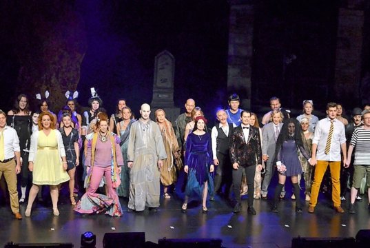 Trotz all der Widrigkeiten gibt es ein Happy-End. (erste Reihe v. li. Christian Tillmanns, Dorina Joch, Katrin Mühlenbein, Thomas Kiesewetter, Rebecca Schmidt, Niko Georgopolous, Lena Hogekamp, Juliusz Konieczny, John-Samuel Jürgens, Frank Röhrig) (Foto: © Martina Hörle)