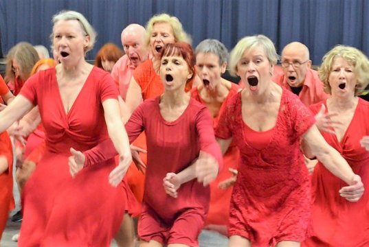 Das Tanzensemble „Meine Zeit – ein Raubtier“ zeigt am 22. Februar in einer Premiere das neue Stück „Glück“. Der „Lach-Chor“ wirkt in seiner kraftvollen Darbietung bedrohlich. (Foto: © Martina Hörle)