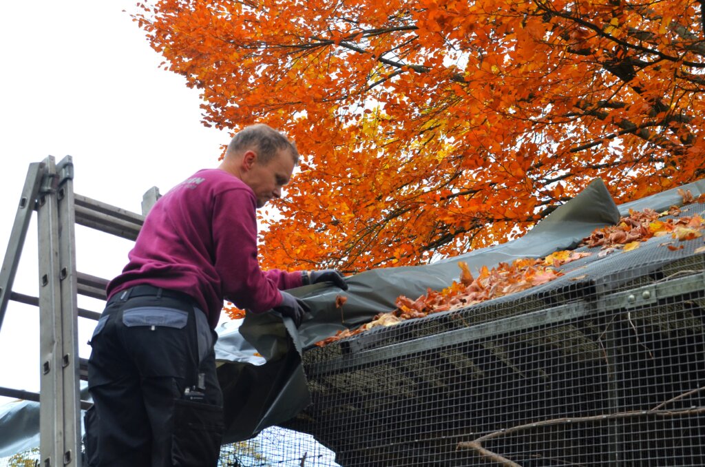 Die Planen auf den Dächern der Volieren bringen für die Mitarbeiter zusätzliche Aufgaben. Sie müssen regelmäßig von Laub und Schnee befreit werden. (Foto: © Martina Hörle)