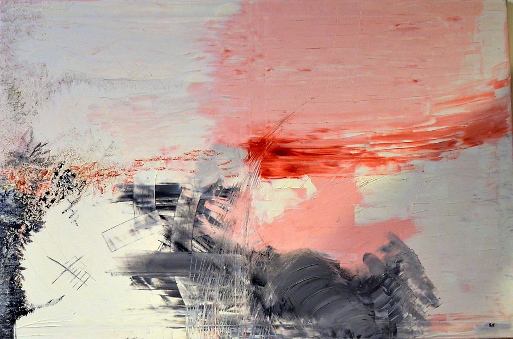 Während Sebastian Faure anfangs in Acryl und Öl malte, hat er sich mittlerweile auf die abstrakte Ölmalerei spezialisiert. In allen Werken ist seine Botschaft zu spüren, wie hier in seinem Bild „Horizon“. (Foto: © Martina Hörle)