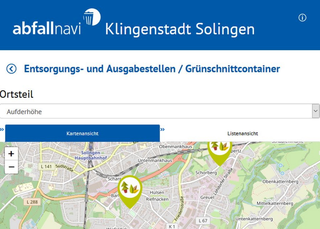 Das neue "abfallnavi" der Technischen Betriebe Solingen soll den Nutzern einen Überblick in Sachen Müllentsorgung verschaffen. (Screenshot: Stadt Solingen)