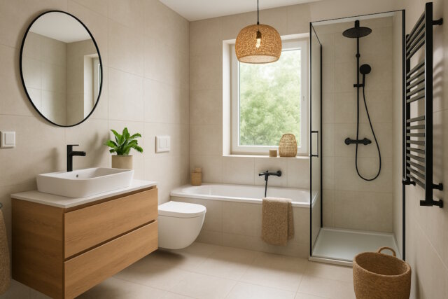 bad-badezimmer-modern Diese entscheidenden Merkmale und Einrichtungselemente sollten in keinem modernen Bad fehlen, um Komfort und Stil zu vereinen. (Bild: Open AI)