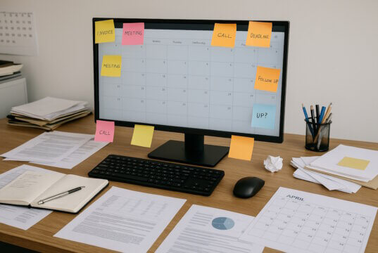 Effizienter arbeiten in kleinen Betrieben: Wie klare Strukturen und digitale Lösungen im Büroalltag Zeit und Nerven sparen. (Bild: Open AI)