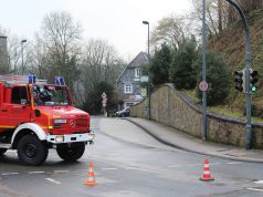 An der Burgtalstraße drohte am Freitagnachmittag ein Baum nach einem Hangrutsch auf die Fahrbahn zu kippen. Die Feuerwehr war im Einsatz und die Burgtalstraße mehrere Stunden gesperrt. (Foto: © Das SolingenMagazin)