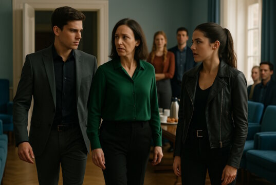 Angel, Mari und Lucia im Gespräch. "Engelsklinge" wurde von der ukrainischen Autorin Svitlana Glumm verfasst. (Bild: Open AI)