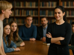 Lucia stellt sich den Fragen der Schüler. "Engelsklinge" wurde von der ukrainischen Autorin Svitlana Glumm verfasst. (Bild: Open AI)