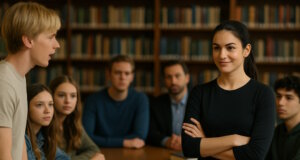 Lucia stellt sich den Fragen der Schüler. "Engelsklinge" wurde von der ukrainischen Autorin Svitlana Glumm verfasst. (Bild: Open AI)