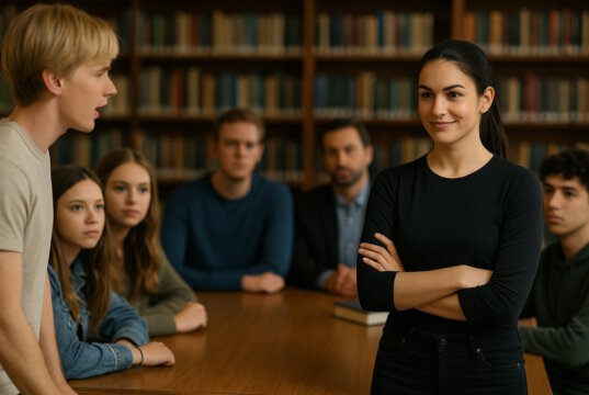 Lucia stellt sich den Fragen der Schüler. "Engelsklinge" wurde von der ukrainischen Autorin Svitlana Glumm verfasst. (Bild: Open AI)