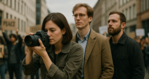 Engelsklinge – Buch 2: In Nebel gehüllt (Kapitel 15.4) Emma fotografiert eine Demonstration in Düsseldorf. "Engelsklinge" wurde von der ukrainischen Autorin Svitlana Glumm verfasst. (Bild: Open AI)