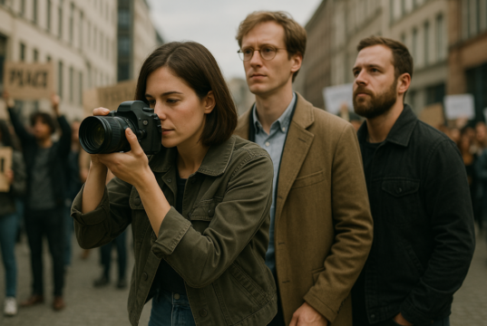 Emma fotografiert eine Demonstration in Düsseldorf. "Engelsklinge" wurde von der ukrainischen Autorin Svitlana Glumm verfasst. (Bild: Open AI)