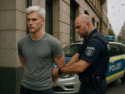 Wionot wird in Düsseldorf von der Polizei festgenommen. "Engelsklinge" wurde von der ukrainischen Autorin Svitlana Glumm verfasst. (Bild: Open AI)