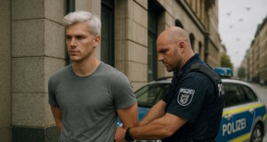 Wionot wird in Düsseldorf von der Polizei festgenommen. "Engelsklinge" wurde von der ukrainischen Autorin Svitlana Glumm verfasst. (Bild: Open AI)