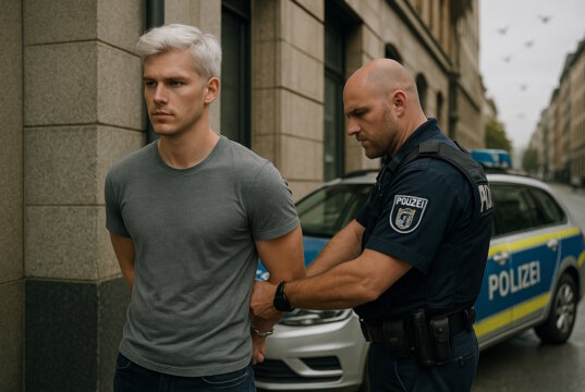 Wionot wird in Düsseldorf von der Polizei festgenommen. "Engelsklinge" wurde von der ukrainischen Autorin Svitlana Glumm verfasst. (Bild: Open AI)