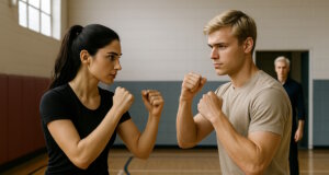 Lucia und Leo tranieren den Kampf, Wionot beobachtet die Szene. "Engelsklinge" wurde von der ukrainischen Autorin Svitlana Glumm verfasst. (Bild: Open AI)