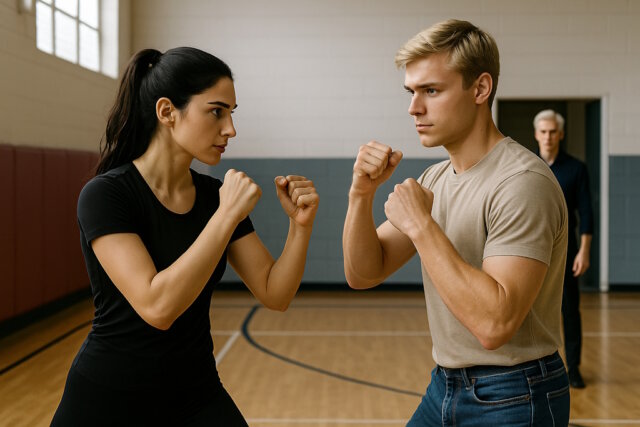 Lucia und Leo tranieren den Kampf, Wionot beobachtet die Szene. 