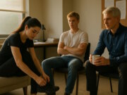 Lucia, Leo und Wionot im Gespräch. "Engelsklinge" wurde von der ukrainischen Autorin Svitlana Glumm verfasst. (Bild: Open AI)