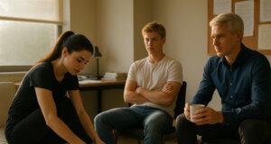 Lucia, Leo und Wionot im Gespräch. "Engelsklinge" wurde von der ukrainischen Autorin Svitlana Glumm verfasst. (Bild: Open AI)