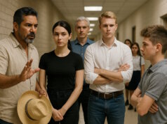 Auf dem Schulflur gibt es eine deftige Auseinandersetzung. "Engelsklinge" wurde von der ukrainischen Autorin Svitlana Glumm verfasst. (Bild: Open AI)