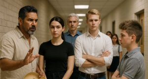 Auf dem Schulflur gibt es eine deftige Auseinandersetzung. "Engelsklinge" wurde von der ukrainischen Autorin Svitlana Glumm verfasst. (Bild: Open AI)