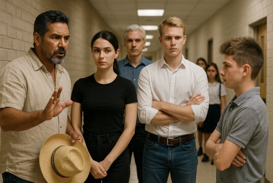 Auf dem Schulflur gibt es eine deftige Auseinandersetzung. "Engelsklinge" wurde von der ukrainischen Autorin Svitlana Glumm verfasst. (Bild: Open AI)