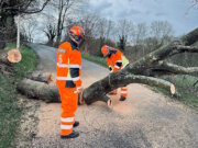 Ein schweres Unwetter mit starken Sturmböen sorgte am Montagnachmittag in Solingen für 26 Einsätze der Feuerwehr. Umgestürzte Bäume, blockierte Straßen und ein Baum, der auf ein Haus stürzte, hielten die Einsatzkräfte stundenlang auf Trab. (Foto: © Feuerwehr Solingen)