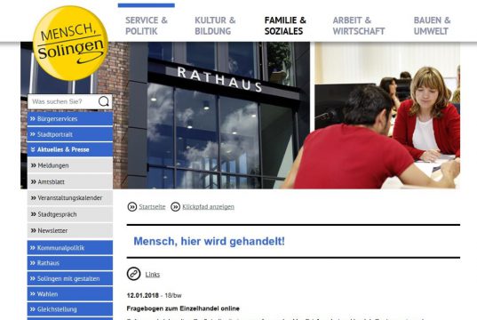 Auf der Internetseite der Stadt Solingen ist der Fragebogen zum Einzelhandel hinterlegt. (Screenshot: www.solingen.de)